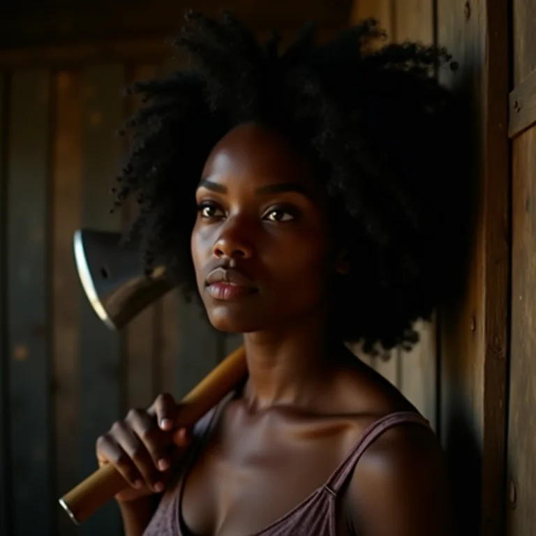 Mulher negra com cabelo cacheado e machado no ombro, representando o filme A Bruxa.