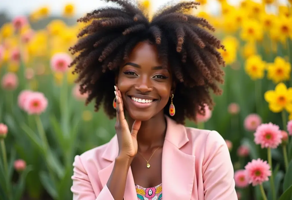 Mulher negra com cabelo cacheado e roupas da moda Primavera Verão 2025