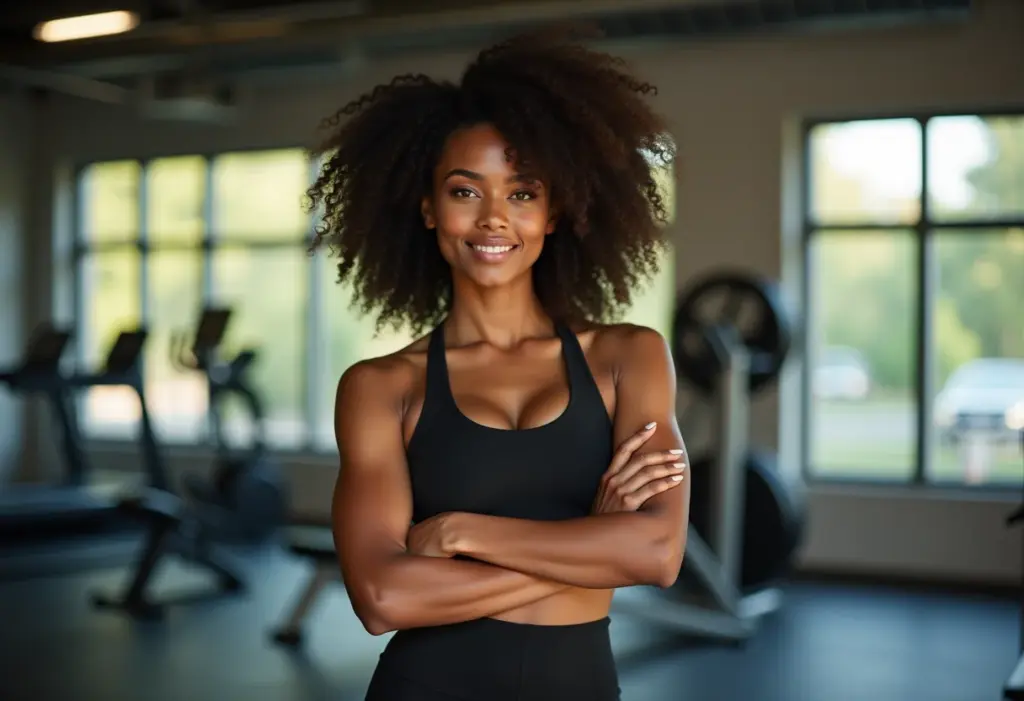 Mulher negra com cabelo cacheado natural usando roupa de ginástica estilosa.
