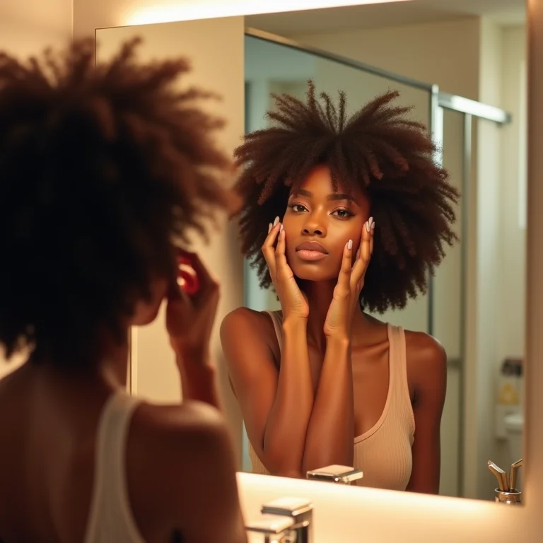 Mulher negra com cabelo cacheado se maquiando em banheiro bem iluminado