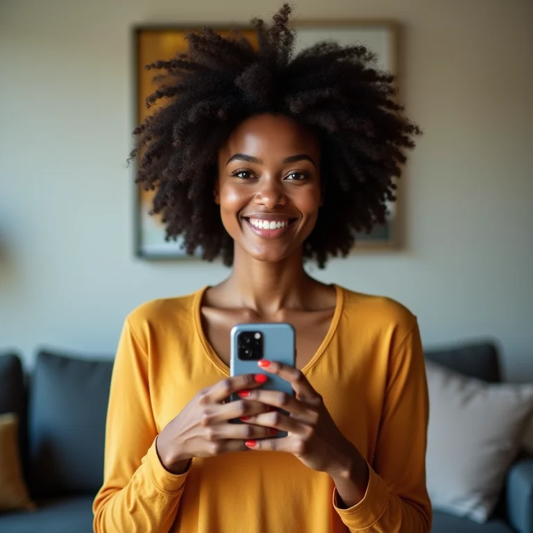 Mulher negra com cabelo cacheado segurando celular.
