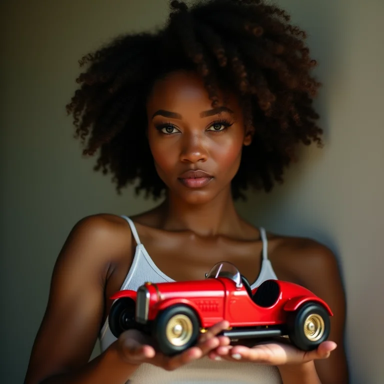 Mulher negra com cabelo cacheado segurando um carrinho de corrida.