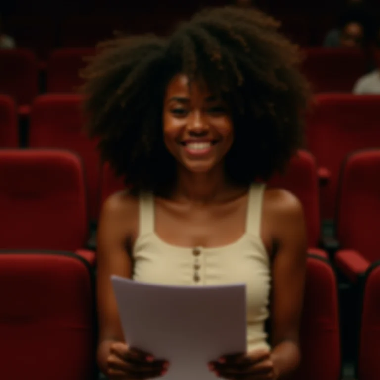 Mulher negra com cabelo cacheado sentada em teatro vintage, segurando um roteiro