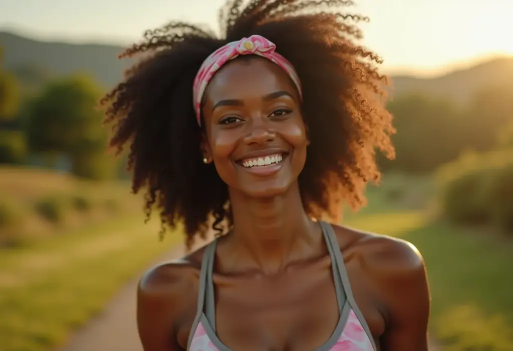 Faixa de cabelo: o guia definitivo para escolher a ideal para seu esporte Mulher negra com cabelo cacheado usando diversas faixas de cabelo esportivas.