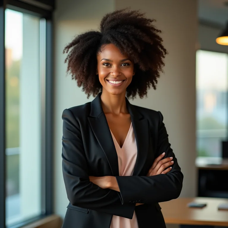 Mulher negra com cabelo cacheado vestindo roupa profissional.