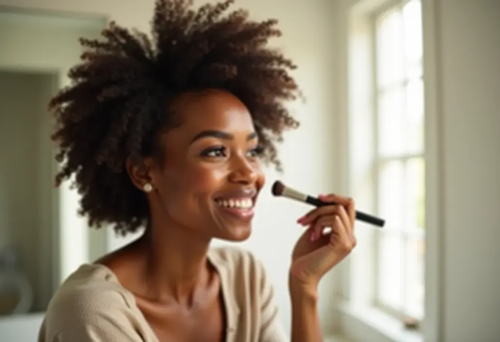 Mulher negra com cabelo crespo aplicando maquiagem natural em um banheiro minimalista e iluminado.