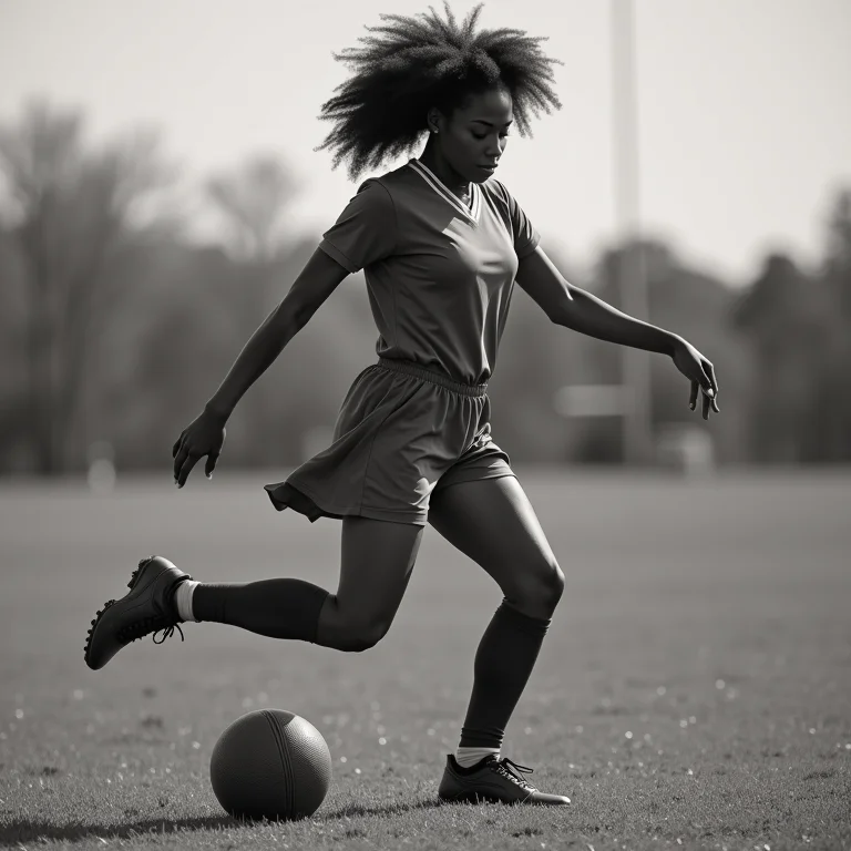 Mulher negra com cabelo crespo vestindo uniforme de futebol antigo