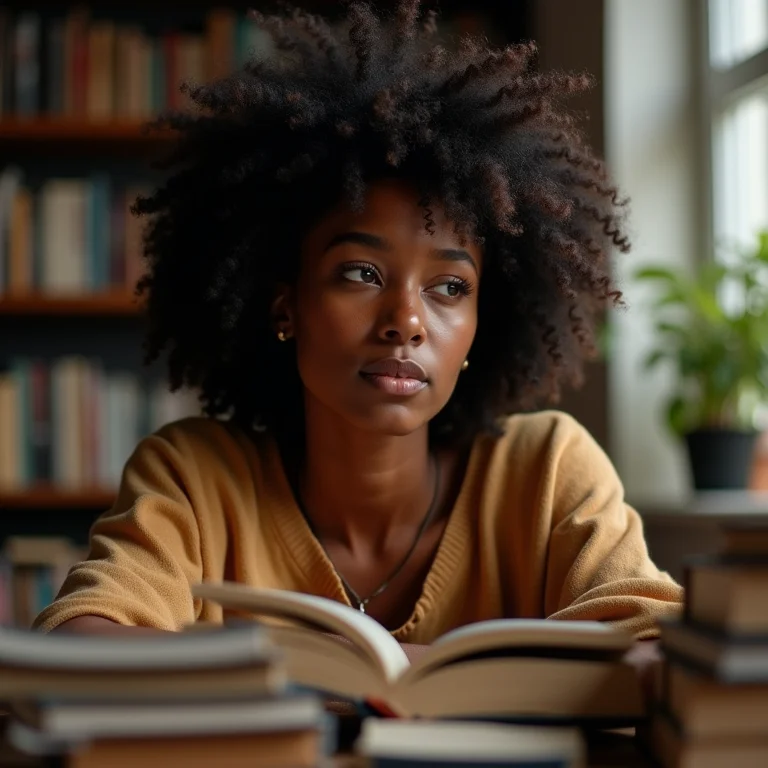 Mulher negra com ressaca literária cercada por livros