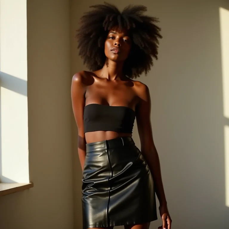 Mulher negra com saia de couro: diferentes modelos