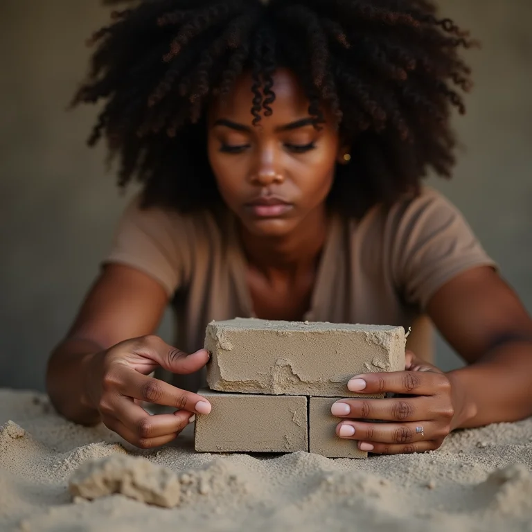 Mulher negra comparando argamassa moderna com tijolo da Muralha da China
