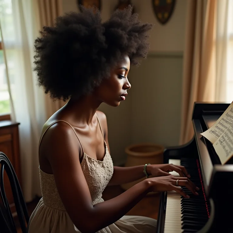 Mulher negra compondo música ao piano.