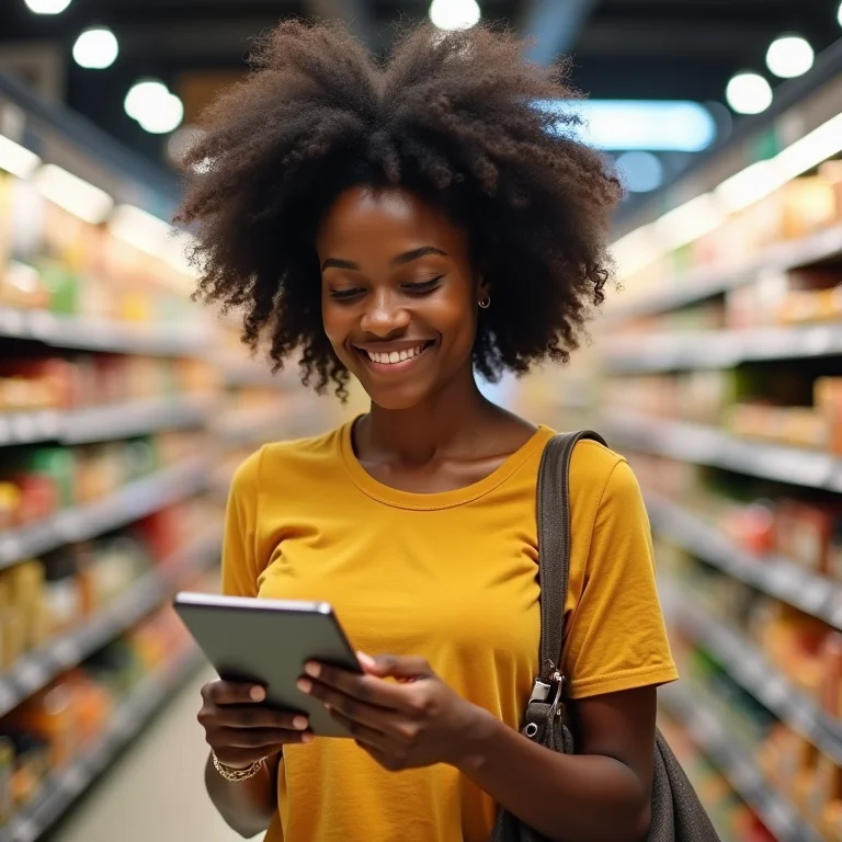Mulher negra conferindo lista de compras no supermercado