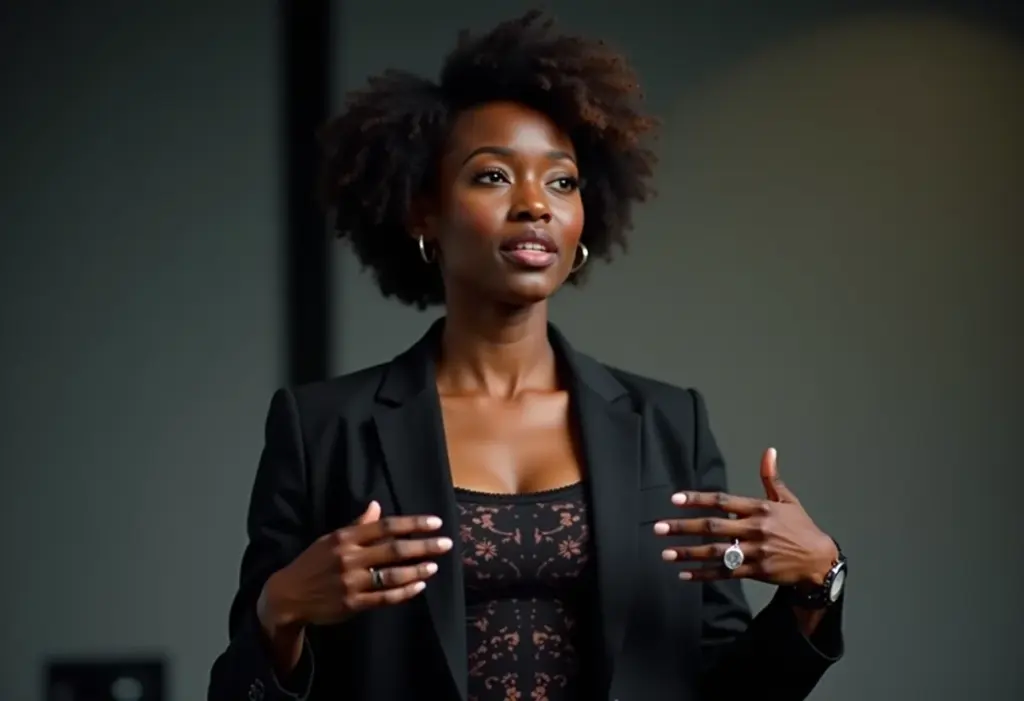 Oratória para Iniciantes: Descubra os Melhores Cursos Online Mulher negra confiante apresentando em um palco moderno