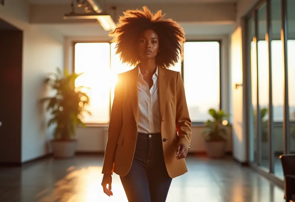 Mulher negra confiante caminhando em direção ao futuro profissional.