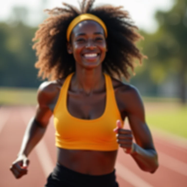 Mulher negra correndo em uma pista, usando uma faixa de cabelo confortável e segura.