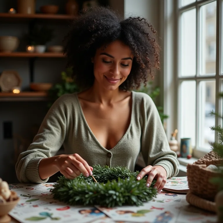 Mulher negra criando guirlanda de Natal com revistas velhas