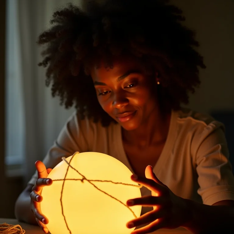 Mulher negra criando uma luminária de barbante artesanal.