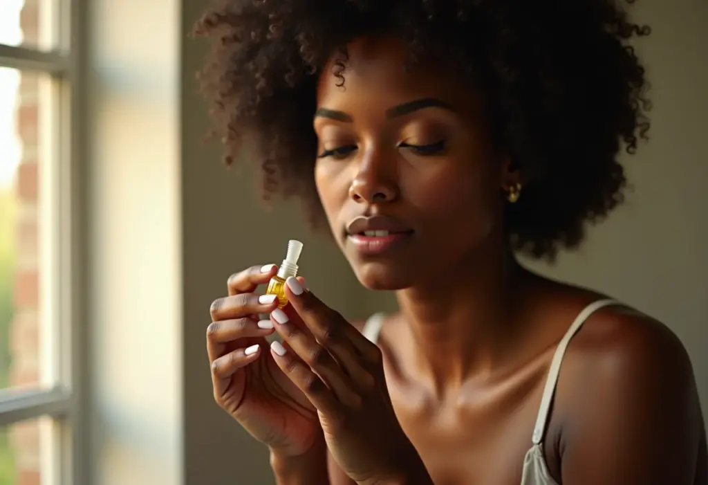 Mulher negra cuidando das unhas com óleo hidratante