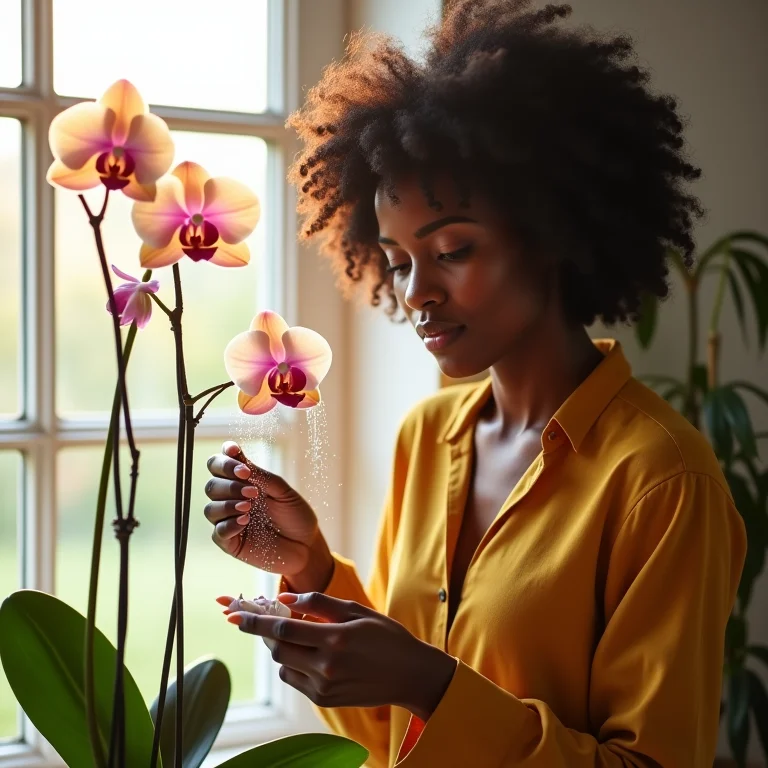 Mulher negra cuidando de orquídea em apartamento