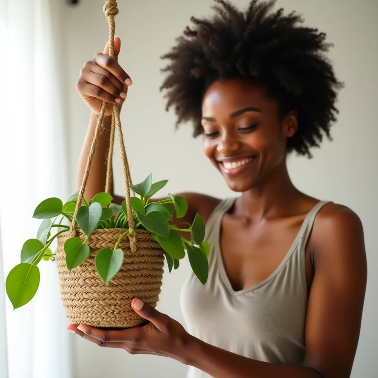 Mulher negra cuidando de planta em cesto de palha suspenso.