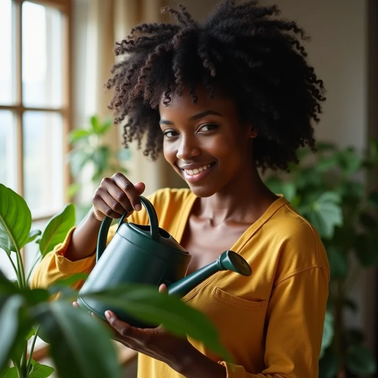 Mulher negra cuidando de plantas em jardim de inverno.
