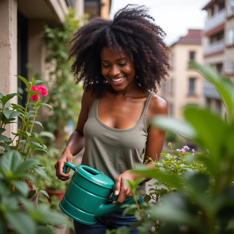 Mulher negra cuidando de sua horta em uma varanda.