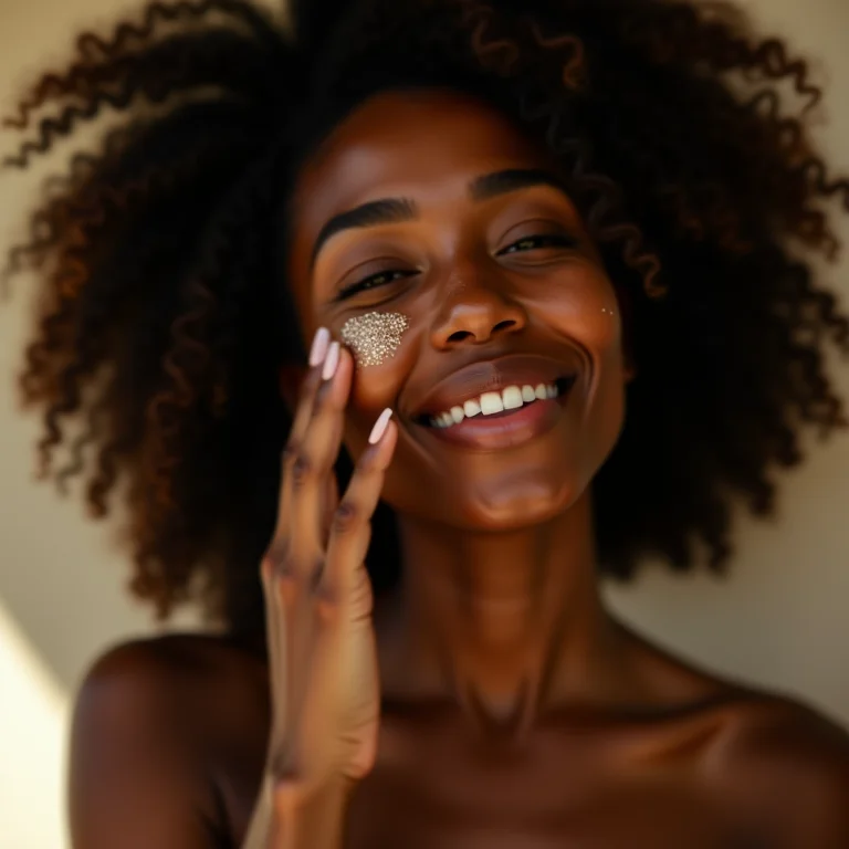 Mulher negra de cabelo cacheado aplicando protetor solar no rosto.