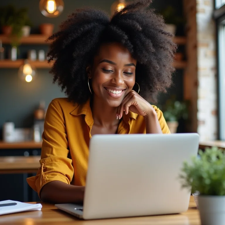 Mulher negra digitando em um café