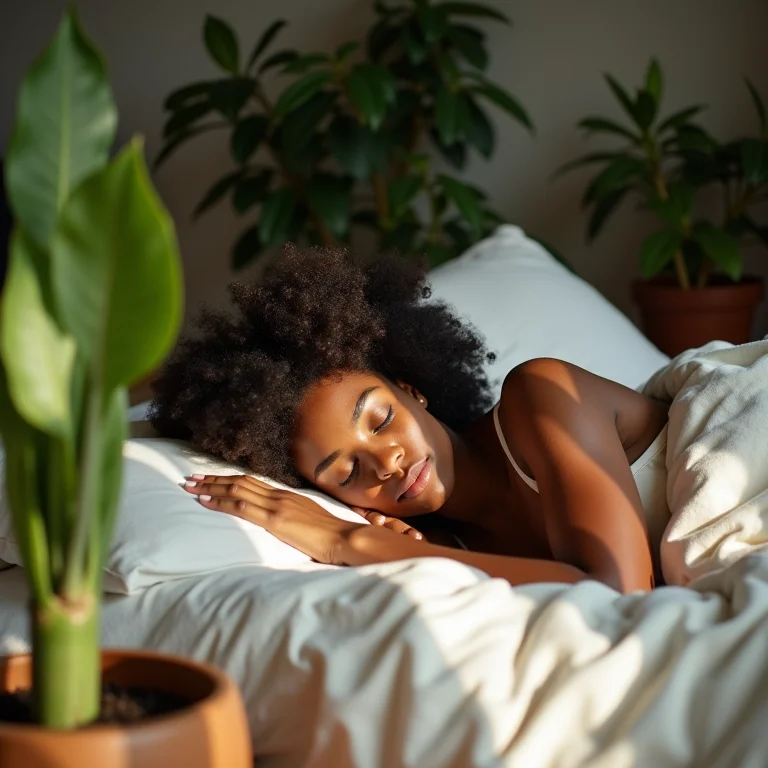 Mulher negra dormindo em quarto com plantas