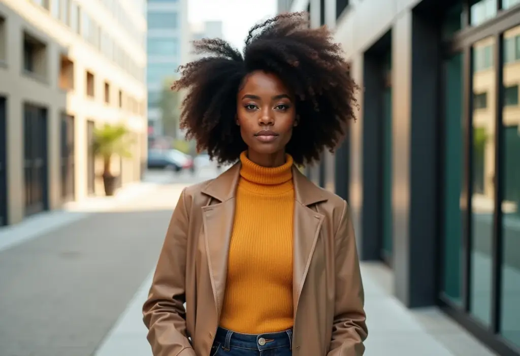 Mulher negra e confiante com cabelo cacheado em look estiloso