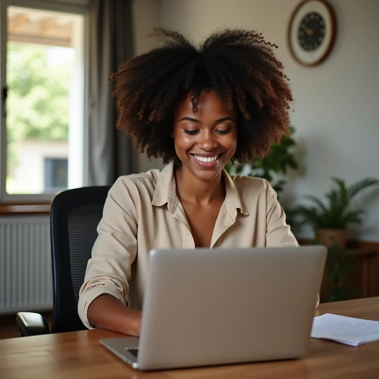 Mulher negra e sorridente trabalhando em casa em cadeira confortável