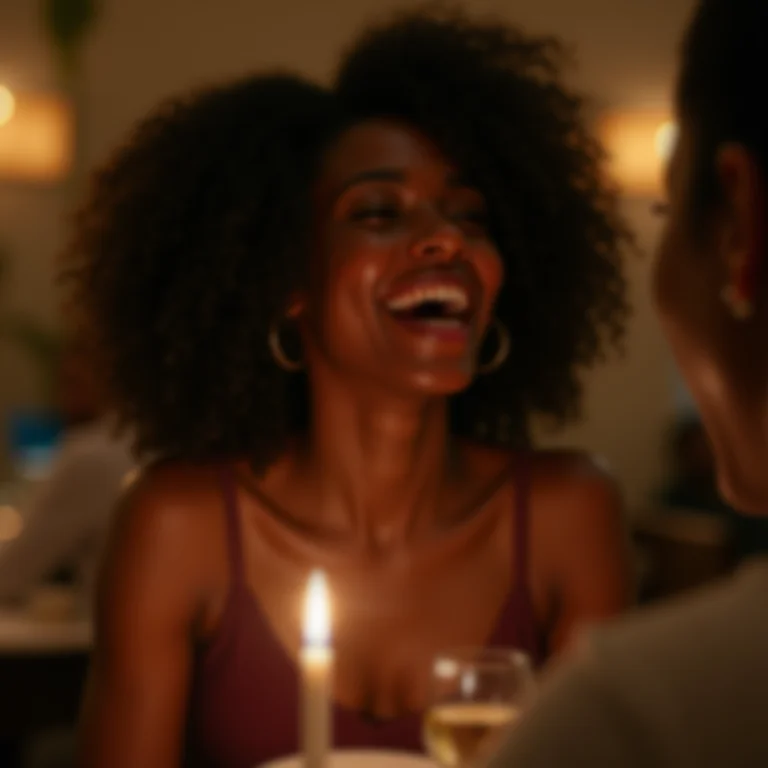 Mulher negra em jantar romântico.