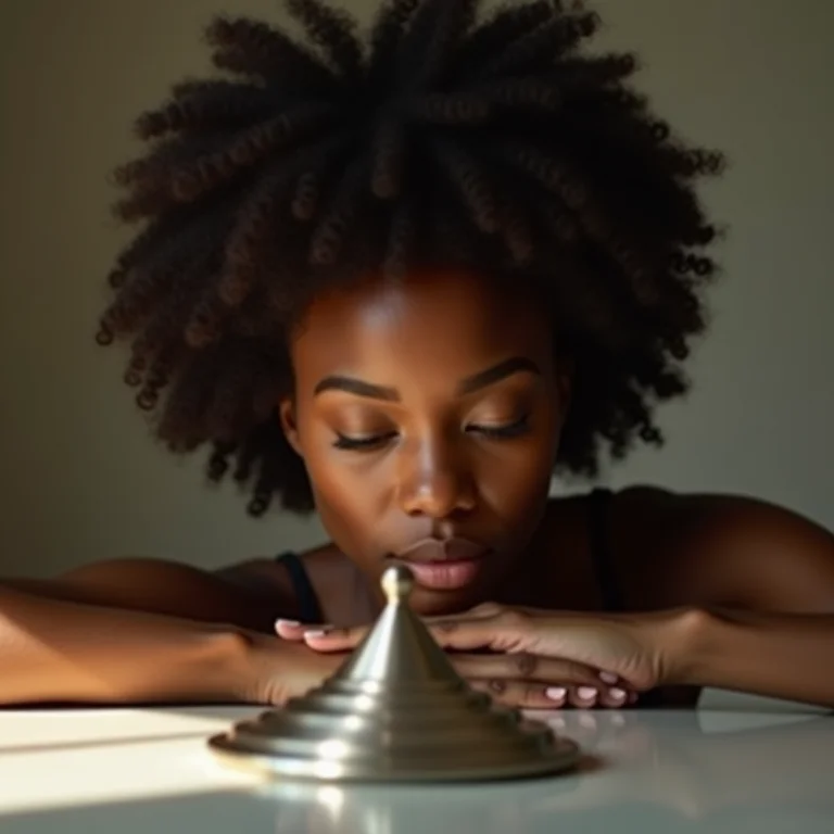 Mulher negra encarando um pião, representando a dúvida sobre a realidade em 'A Origem'