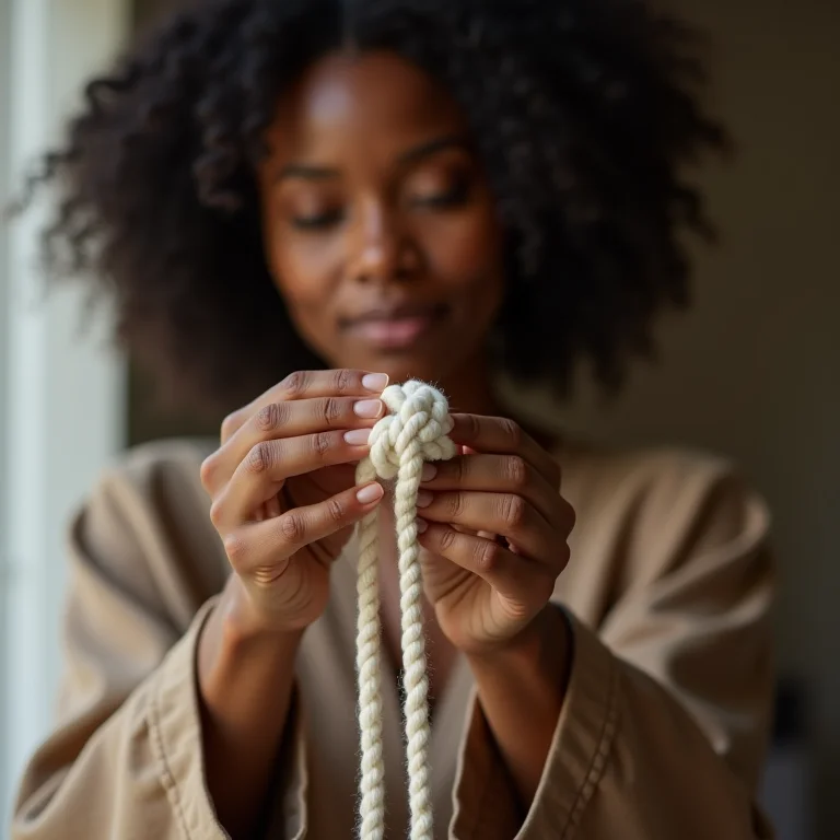Mulher negra ensinando nó de macramê