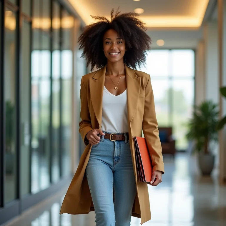 Mulher negra entrando em um escritório.