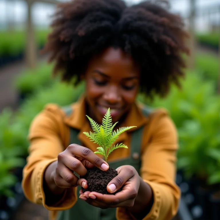 Mulher negra escolhendo muda de samambaia