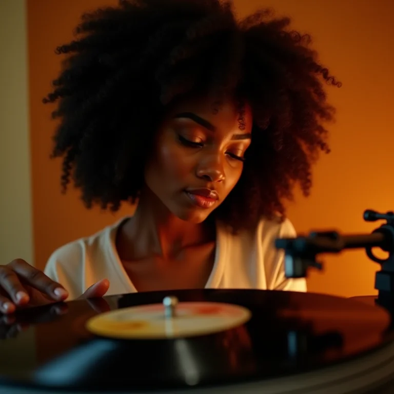 Mulher negra escolhendo música para jantar romântico