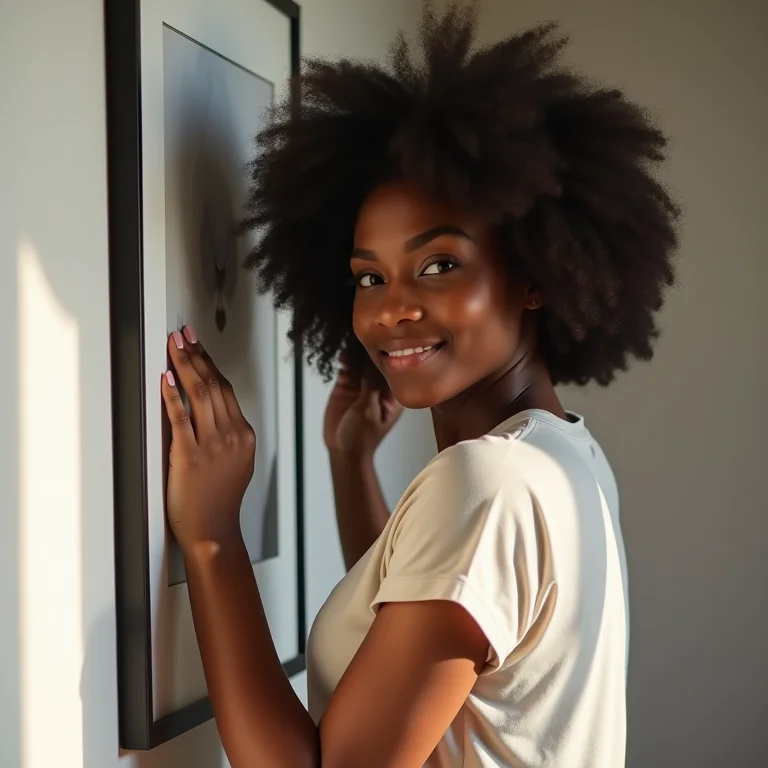 Mulher negra escolhendo quadro em galeria de arte