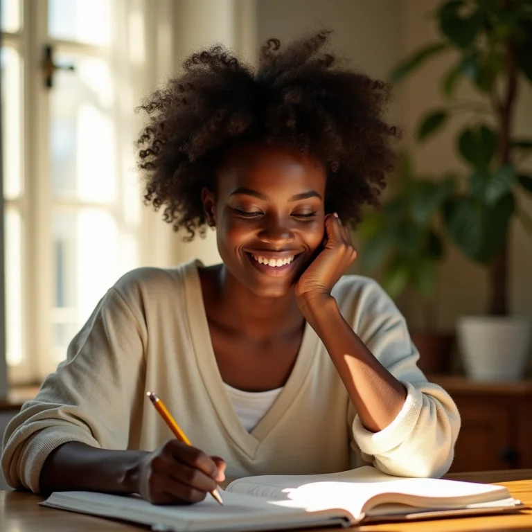 Mulher negra escrevendo em um diário para autoconsciência