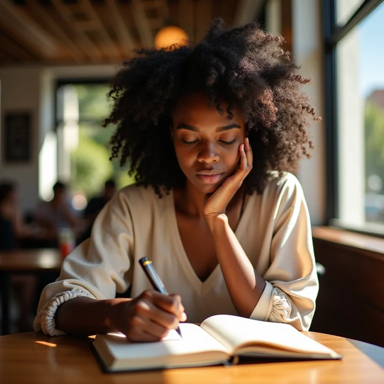 Mulher negra escrevendo em um diário, representando os heterônimos de Fernando Pessoa