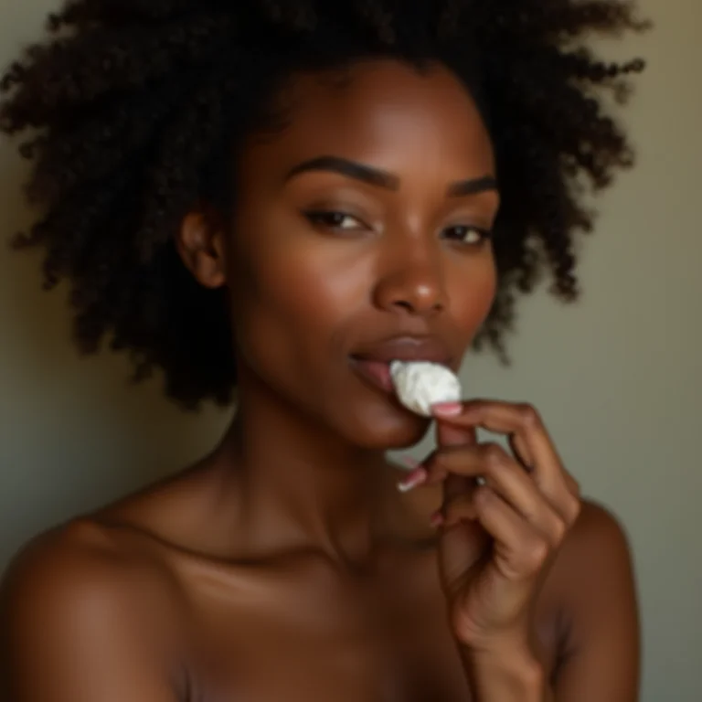 Mulher negra esfoliando os lábios com esfoliante caseiro
