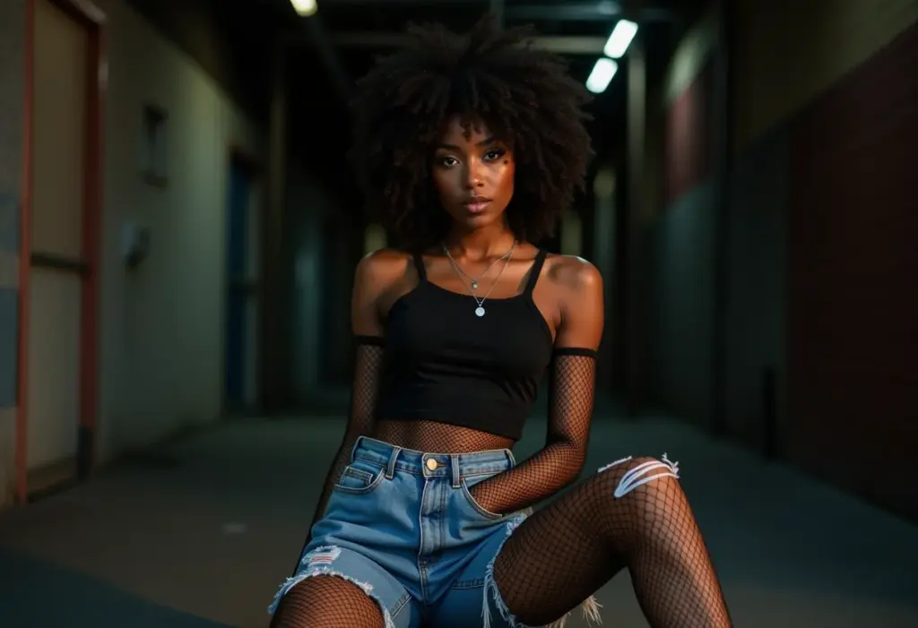Meia arrastão no look grunge: 5 erros que você não pode cometer Mulher negra estilosa com look grunge e meia arrastão