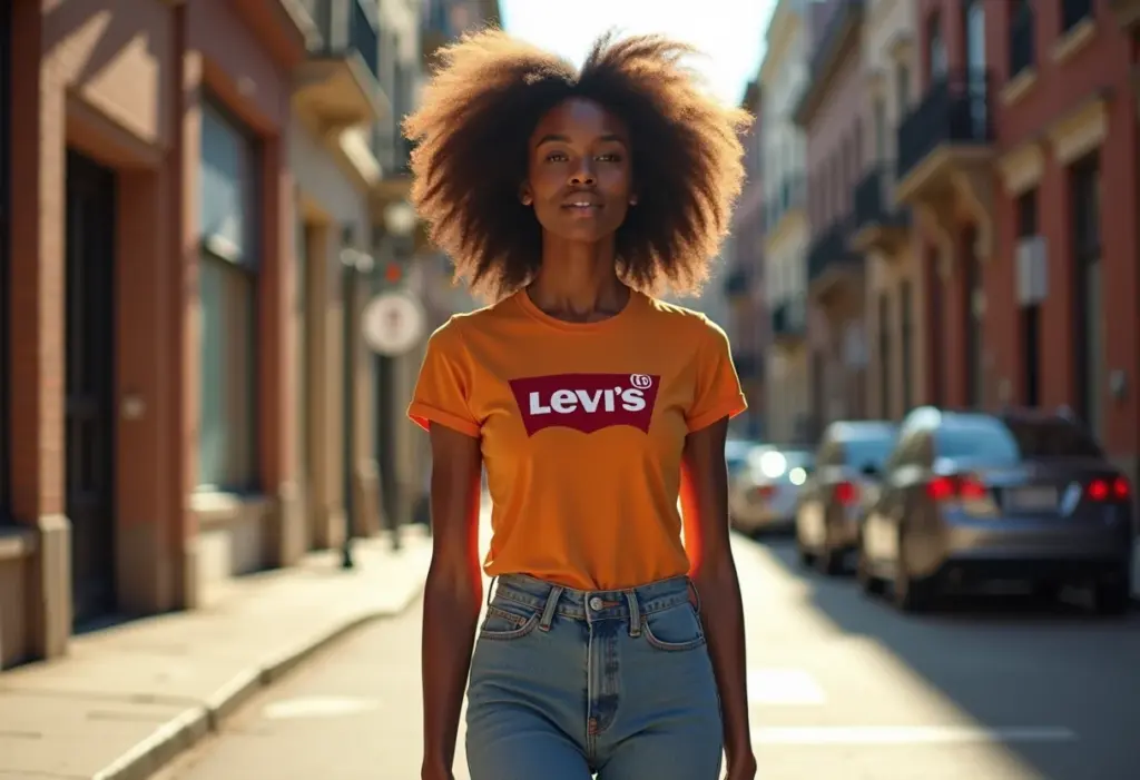 Mulher negra estilosa usando calça jeans Levi's em cenário urbano.
