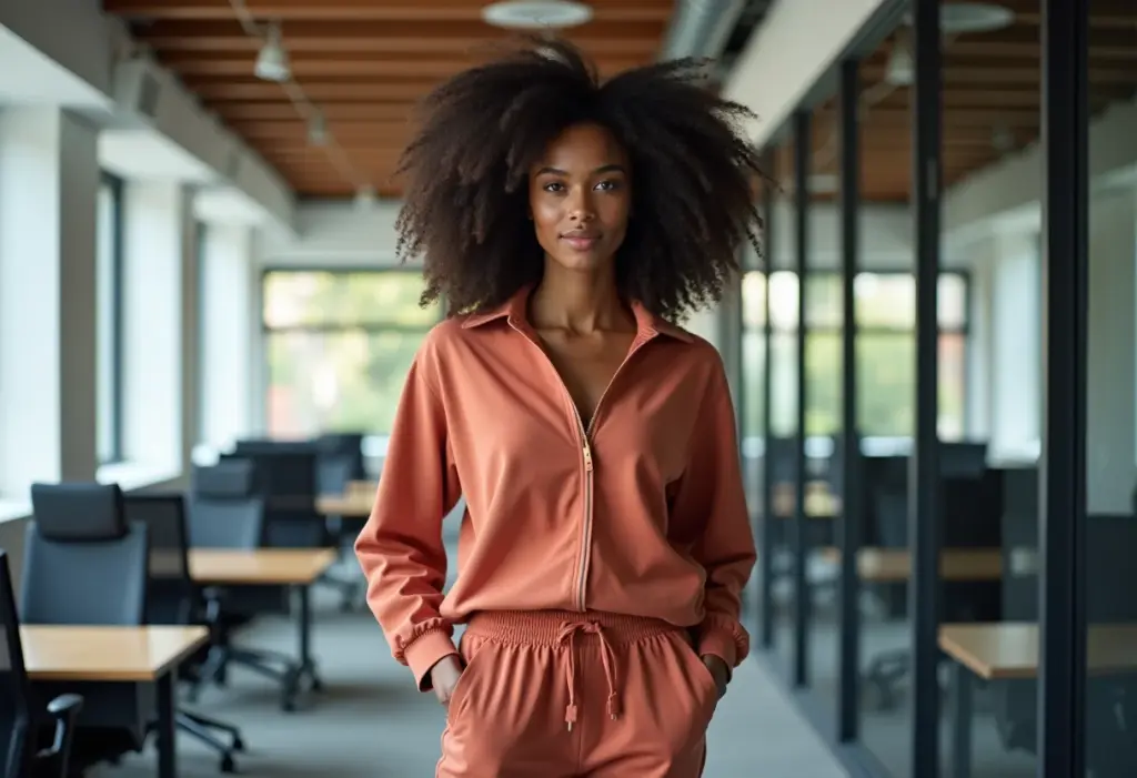 Mulher negra estilosa usando calça jogger no escritório