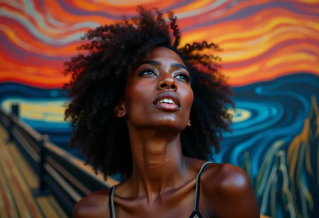 Mulher negra expressa emoção intensa em releitura moderna de 'O Grito'