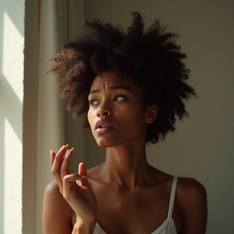 Mulher negra frustrada com cutículas ressecadas