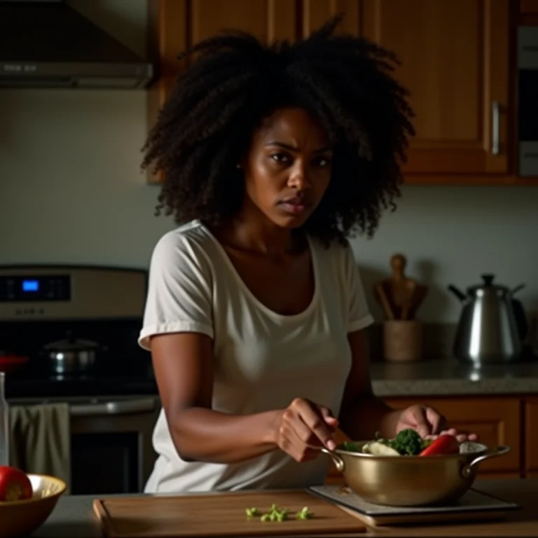 Mulher negra frustrada com iluminação inadequada na cozinha