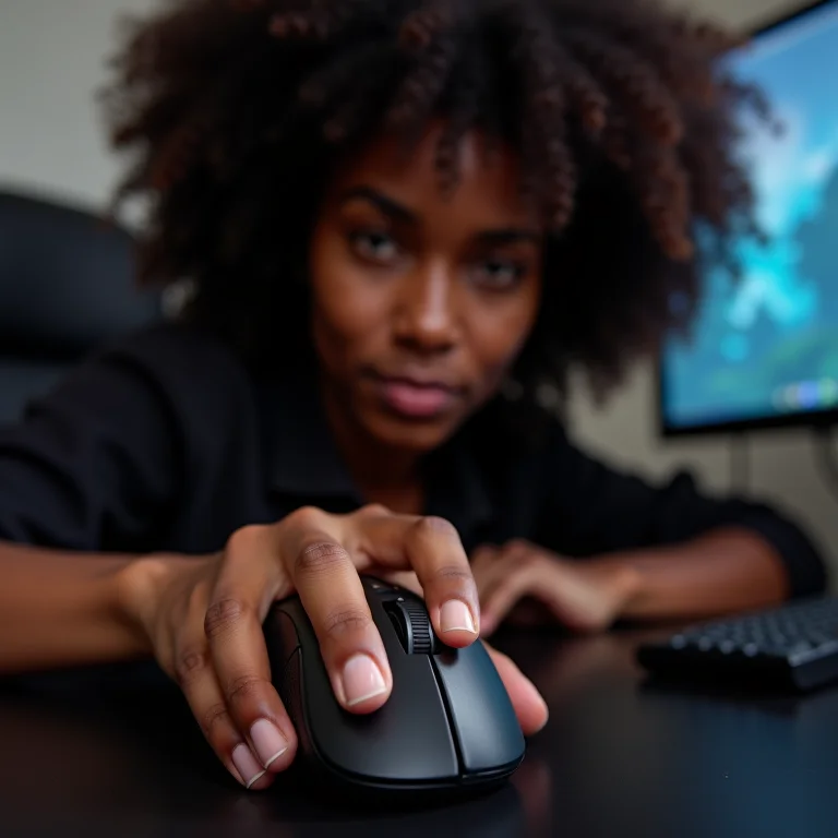 Mulher negra jogando com mouse gamer ergonômico
