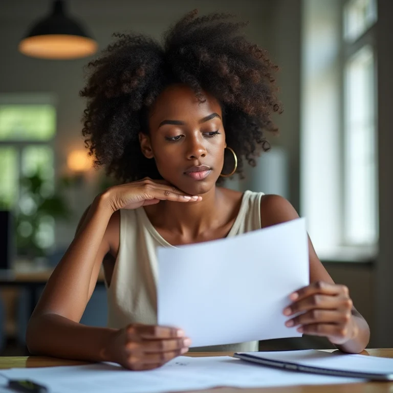 Mulher negra lendo documentos legais sobre benefícios de funcionários