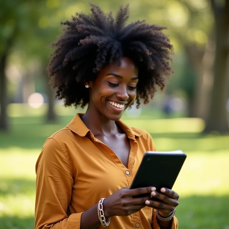 Mulher negra lendo um Kindle ao ar livre.